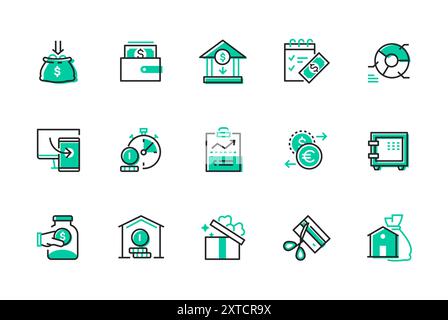Transazioni finanziarie e banche - serie di icone di stile di design della linea Illustrazione Vettoriale