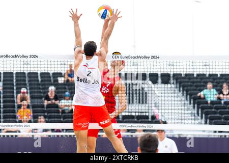 L'Aia, Paesi Bassi. 14 agosto 2024. L'AIA, PAESI BASSI - 14 AGOSTO: Durante il giorno 2 dei Campionati europei di Beach volley CEV allo Stadio dell'Aia il 14 agosto 2024 a l'Aia, Paesi Bassi. (Foto di Joris Verwijst/Agenzia BSR) credito: Agenzia BSR/Alamy Live News Foto Stock