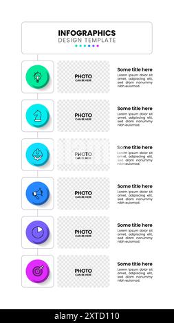 Modello infografico con icone e 6 opzioni o passaggi. Linea verticale. Può essere utilizzato per layout del flusso di lavoro, diagrammi, banner, webdesign. Illustrazione vettoriale Illustrazione Vettoriale