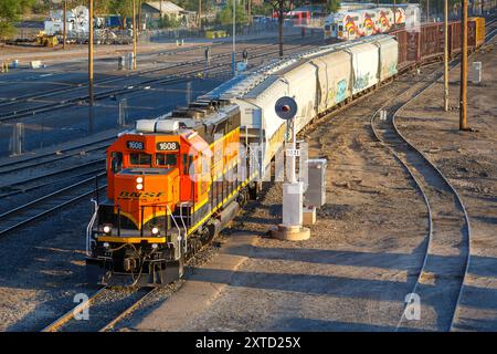 Güterzug der BNSF Railway Zug Bahn Eisenbahn ad Albuquerque, USA Albuquerque, USA - 8. Mai 2023: Güterzug der BNSF Railway Zug Bahn Eisenbahn ad Albuquerque, USA. *** Treno merci della ferrovia ferroviaria BNSF Railway ad Albuquerque, USA Albuquerque, USA 8 maggio 2023 treno merci della ferrovia ferroviaria BNSF ad Albuquerque, USA Foto Stock