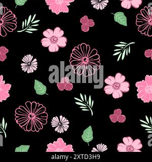 motivo floreale senza cuciture liberty nero, rosa e verde adatto per confezioni regalo, moda, design di interni in carta da parati. Illustrazione Vettoriale