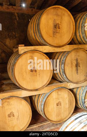 Botti di sidro e di Calvados in una fattoria di sidro e Calvados vicino a Cambremer, Pays d’Auge, Normandia, Francia Foto Stock