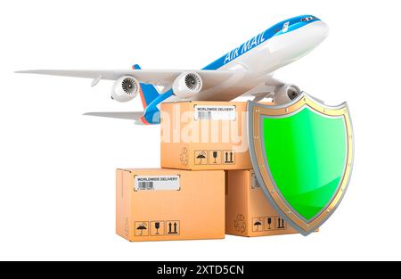 Air Cargo Safety, concetto. Pacchi con posta aereo e scudo. Rendering 3D isolato su sfondo bianco Foto Stock