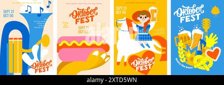 4 poster minimalisti per l'Oktoberfest! Sapore nazionale, tazze da birra, cibo, atmosfera festosa e tanta birra. Modelli vettoriali A4 Illustrazione Vettoriale