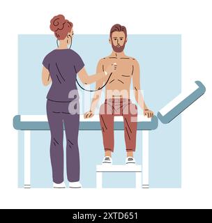 Donna medico e paziente. Il terapeuta esegue l'auscultazione dell'uomo respirando e del cuore. Visita medica in clinica. Assistenza sanitaria, diagnosi e Illustrazione Vettoriale