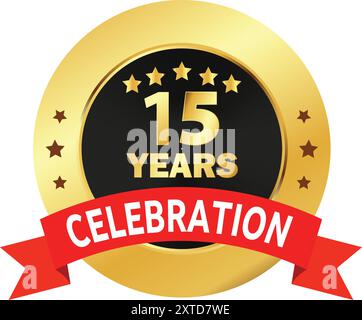 Sigillo per la celebrazione dei 15 anni, logo dorato dei 15 anni, celebrazione dei 15 anni, celebrazione dei 15 anni con nastro rosso, celebrazione con nastro rosso d'oro Illustrazione Vettoriale