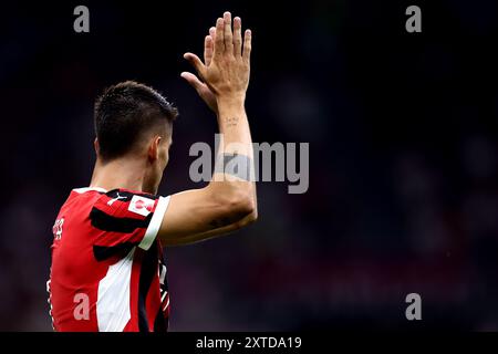 Milano, Italia. 13 agosto 2024. Alvaro Morata dell'AC Milan gesti durante la partita di calcio del trofeo Silvio Berlusconi tra l'AC Milan e l'AC Monza allo Stadio Giuseppe Meazza il 13 agosto 2024 a Milano. Crediti: Marco Canoniero/Alamy Live News Foto Stock