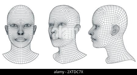 Set di teste umane con struttura a reticolo 3d vettoriale. Mesh geometrica frontale uomo o donna, profilo e illustrazione isometrica. L'alta tecnologia del futuro, artificiale Illustrazione Vettoriale