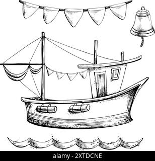 Barca da pesca a vela con ghirlanda di bandiere, campana di una nave e onde marine. Grafica grafica disegnata a mano in bianco e nero monocromatico. Set nautico Illustrazione Vettoriale