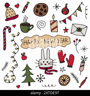 Scarabocchi vettoriali colorati di un set di Capodanno Illustrazione Vettoriale