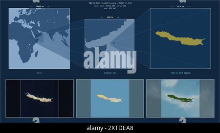 Isola Abd al-Kuri nel Mar Arabico - appartenente allo Yemen. Schema della posizione descritto con la forma gialla dell'isola e mappe campione del suo perimetro Foto Stock