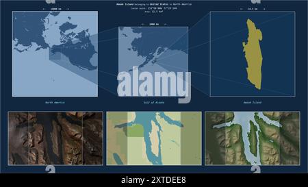 Amook Island nel Golfo dell'Alaska - appartenente agli Stati Uniti. Schema di posizione descritto con la forma gialla dell'isola e mappe campione del suo sur Foto Stock