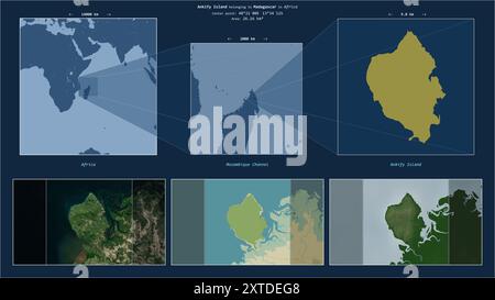 Isola di Ankify nel Canale del Mozambico - appartenente al Madagascar. Schema di posizione descritto con la forma gialla dell'isola e mappe campione della sua S. Foto Stock