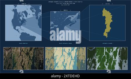 Arrowsic Island nell'Oceano Atlantico settentrionale - appartenente agli Stati Uniti. Schema di posizione descritto con la forma gialla dell'isola e mappe campione o Foto Stock