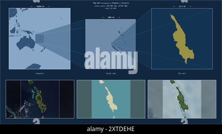Ile Art nel Mar dei Coralli - appartenente alla Francia. Schema della posizione descritto con la forma gialla dell'isola e mappe campione dei dintorni Foto Stock