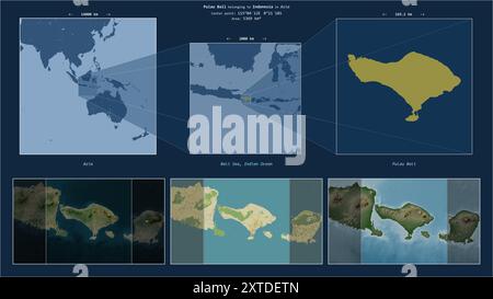 Pulau Bali nel Mare di Bali - appartenente all'Indonesia. Schema della posizione descritto con la forma gialla dell'isola e mappe campione dei dintorni Foto Stock