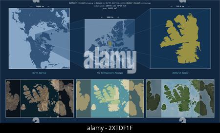 Bathurst Island nei passaggi nord-occidentali - appartenente al Canada. Schema di posizione descritto con la forma gialla dell'isola e mappe campione di Foto Stock