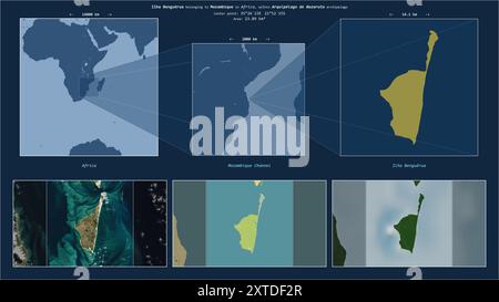 Ilha Benguerua nel Canale del Mozambico - appartenente al Mozambico. Schema di posizione descritto con la forma gialla dell'isola e mappe campione di ITS Foto Stock