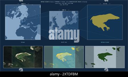 Isola di Borkum nel Mare del Nord - appartenente alla Germania. Schema della posizione descritto con la forma gialla dell'isola e mappe campione dei dintorni Foto Stock
