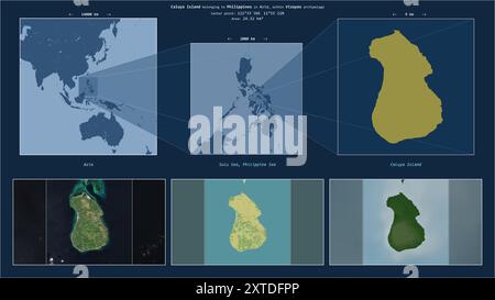 Isola di Caluya nel Mare di Sulu - appartenente alle Filippine. Schema di posizione descritto con la forma gialla dell'isola e mappe campione della sua zona circostante Foto Stock