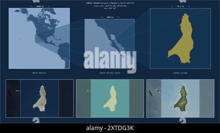 Cedros Island nell'Oceano Pacifico settentrionale - appartenente al Messico. Schema di posizione descritto con la forma gialla dell'isola e mappe campione del suo surr Foto Stock