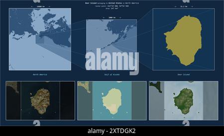 Deer Island nel Golfo dell'Alaska - appartenente agli Stati Uniti. Schema di posizione descritto con la forma gialla dell'isola e mappe campione del suo surr Foto Stock