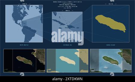 Gonave Island nel Mar dei Caraibi - appartenente ad Haiti. Schema di posizione descritto con la forma gialla dell'isola e mappe campione dei suoi dintorni Foto Stock