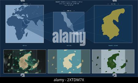 Hawakil Island nel Mar Rosso - appartenente all'Eritrea. Schema della posizione descritto con la forma gialla dell'isola e mappe campione dei dintorni Foto Stock