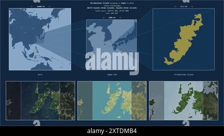 Isola di Hiradoshima nel Mar del Giappone - appartenente al Giappone. Schema di posizione descritto con la forma gialla dell'isola e mappe campione della sua zona circostante Foto Stock