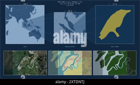 Pulau Indah nello stretto di Malacca - appartenente alla Malesia. Schema di posizione descritto con la forma gialla dell'isola e mappe campione dei suoi surroundi Foto Stock