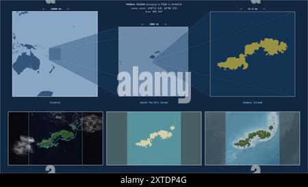 Isola di Kadavu nell'Oceano Pacifico meridionale - appartenente alle Figi. Schema di posizione descritto con la forma gialla dell'isola e mappe campione del suo surrou Foto Stock