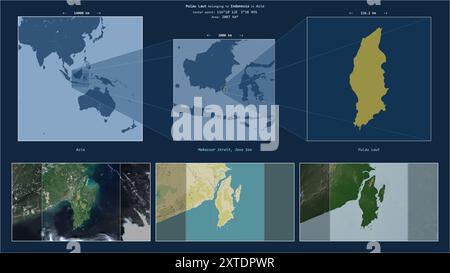 Pulau Laut nel Mar di Giava - appartenente all'Indonesia. Schema della posizione descritto con la forma gialla dell'isola e mappe campione dei dintorni Foto Stock
