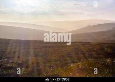 Tramonto sulla campagna nebbiosa di Kielder, Northumberland, catturando il tranquillo paesaggio sotto un cielo pieno di nuvole Foto Stock