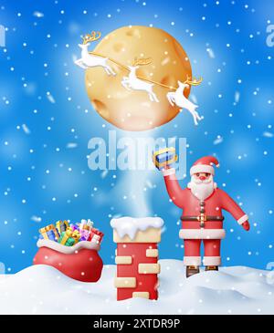 babbo natale in 3D con omaggio e camino della casa Illustrazione Vettoriale