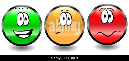 Pulsanti del sistema di feedback a colori o di revisione in stile semaforo con divertenti volti dei cartoni animati Illustrazione Vettoriale