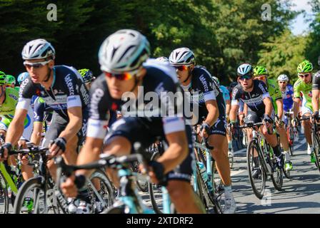 Partenza da Tor De France, le Grand - corsa ciclistica in direzione sud da Ripon ad Harrogate nel North Yorkshire Foto Stock