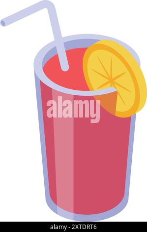 Cocktail rosso rinfrescante servito in un bicchiere alto, guarnito con una fetta di limone e una paglia Illustrazione Vettoriale
