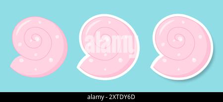 Una serie di adesivi con l'immagine delle conchiglie su sfondo blu. Illustrazione Vettoriale