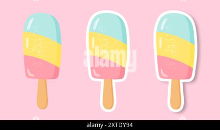 Una serie di adesivi con un'immagine di gelato su sfondo rosa. Illustrazione Vettoriale