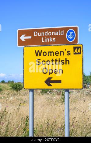 Cartello Women's Scottish Open all'ingresso del campo da golf Dundonald Links, South Ayrshire, Scozia, Regno Unito, Europa Foto Stock