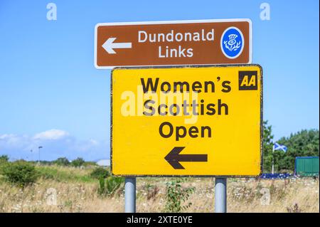 Cartello Women's Scottish Open all'ingresso del campo da golf Dundonald Links, South Ayrshire, Scozia, Regno Unito, Europa Foto Stock