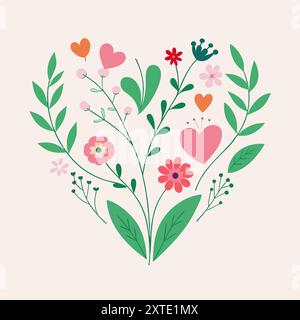 Cornice floreale a forma di cuore. Cuore floreale con fiori e piante decorativi disegnati a mano. Illustrazione vettoriale Illustrazione Vettoriale