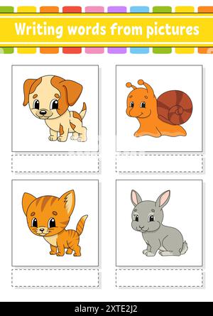 Scrivere parole da immagini. Imparare le parole in inglese. Foglio di lavoro per lo sviluppo dell'istruzione. Pagina attività a colori. personaggio dei cartoni animati. Illustrazione vettoriale. Illustrazione Vettoriale