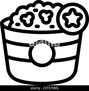 Semplice icona in bianco e nero di un secchio traboccante di popcorn, ideale per rappresentare i migliori spuntini del cinema Illustrazione Vettoriale