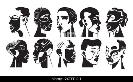 Texture astratta di disegni in linea con volti umani. Motivo vettoriale senza cuciture disegnato a mano con ritratti in stile moderno. Illustrazione Vettoriale