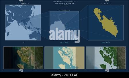 Ramree Island nella Baia del Bengala - appartenente al Myanmar. Schema di posizione descritto con la forma gialla dell'isola e mappe campione dei suoi surroundi Foto Stock