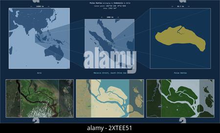 Pulau Rantau nello stretto di Malacca - appartenente all'Indonesia. Schema di posizione descritto con la forma gialla dell'isola e mappe campione del suo surrogato Foto Stock