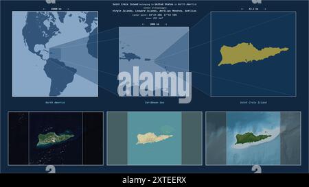 Isola di Saint Croix nel Mar dei Caraibi - appartenente agli Stati Uniti. Schema di posizione descritto con la forma gialla dell'isola e mappe campione di essa Foto Stock