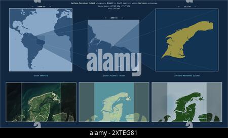 Isola Santana-Maranhao nell'Oceano Atlantico meridionale - appartenente al Brasile. Schema della posizione descritto con la forma gialla dell'isola e mappe campione Foto Stock