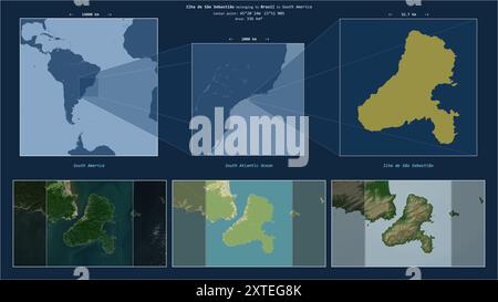 Ilha de Sao Sebastiao nell'Oceano Atlantico meridionale - appartenente al Brasile. Schema di posizione descritto con la forma gialla dell'isola e mappe campione di Foto Stock